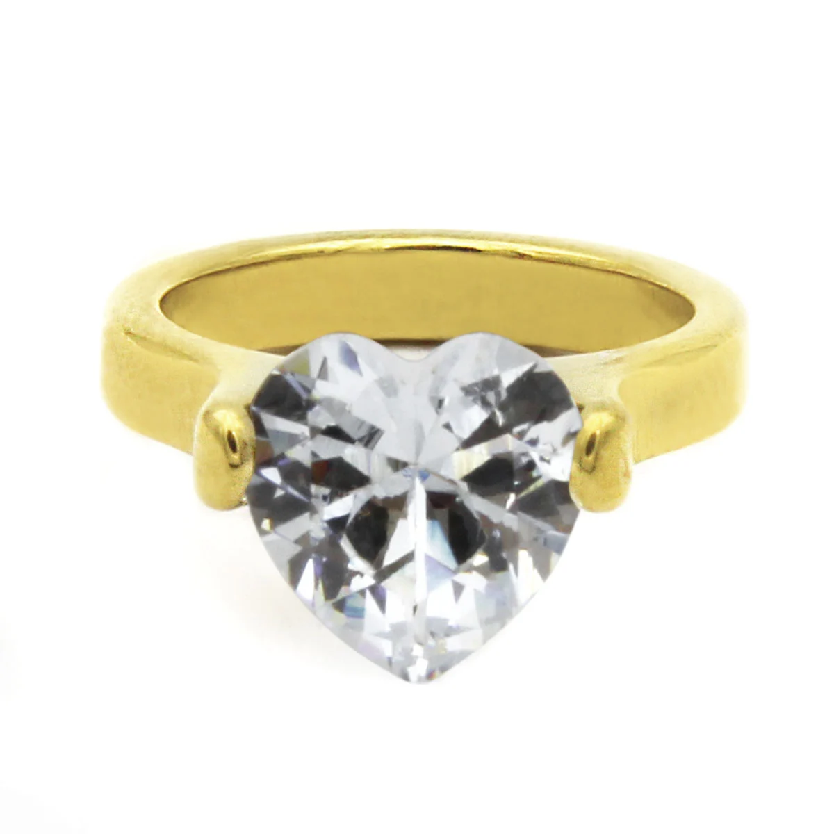 Anillo Acero Dorado Cocktail Corazon Grande Zirconia