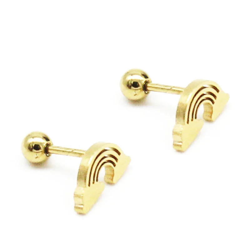 Aretes Tipo Broquel Dormilón Acero Dorado Arcoiris Nube