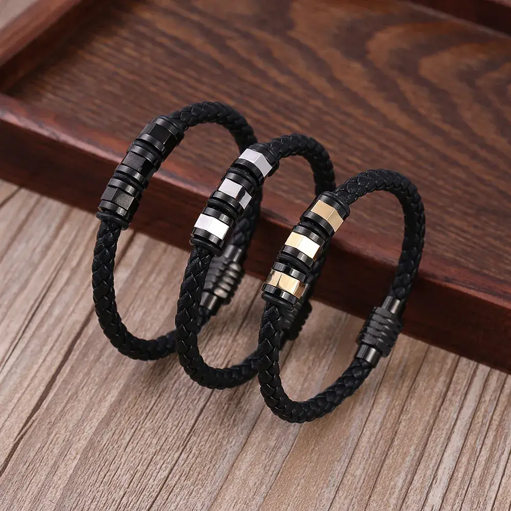 Pulsera Acero Piel Redonda Cuentas Centrales Tipo Tuerca