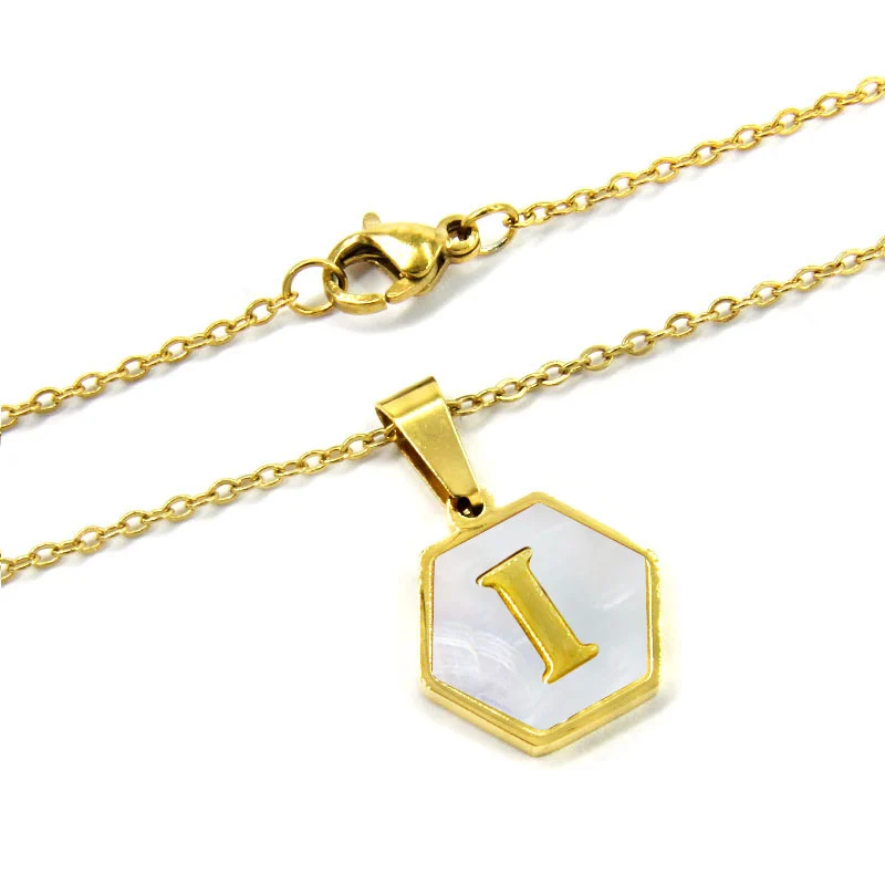 Collar Acero Inox Dorado Hexagonal Letra I Madre Perla