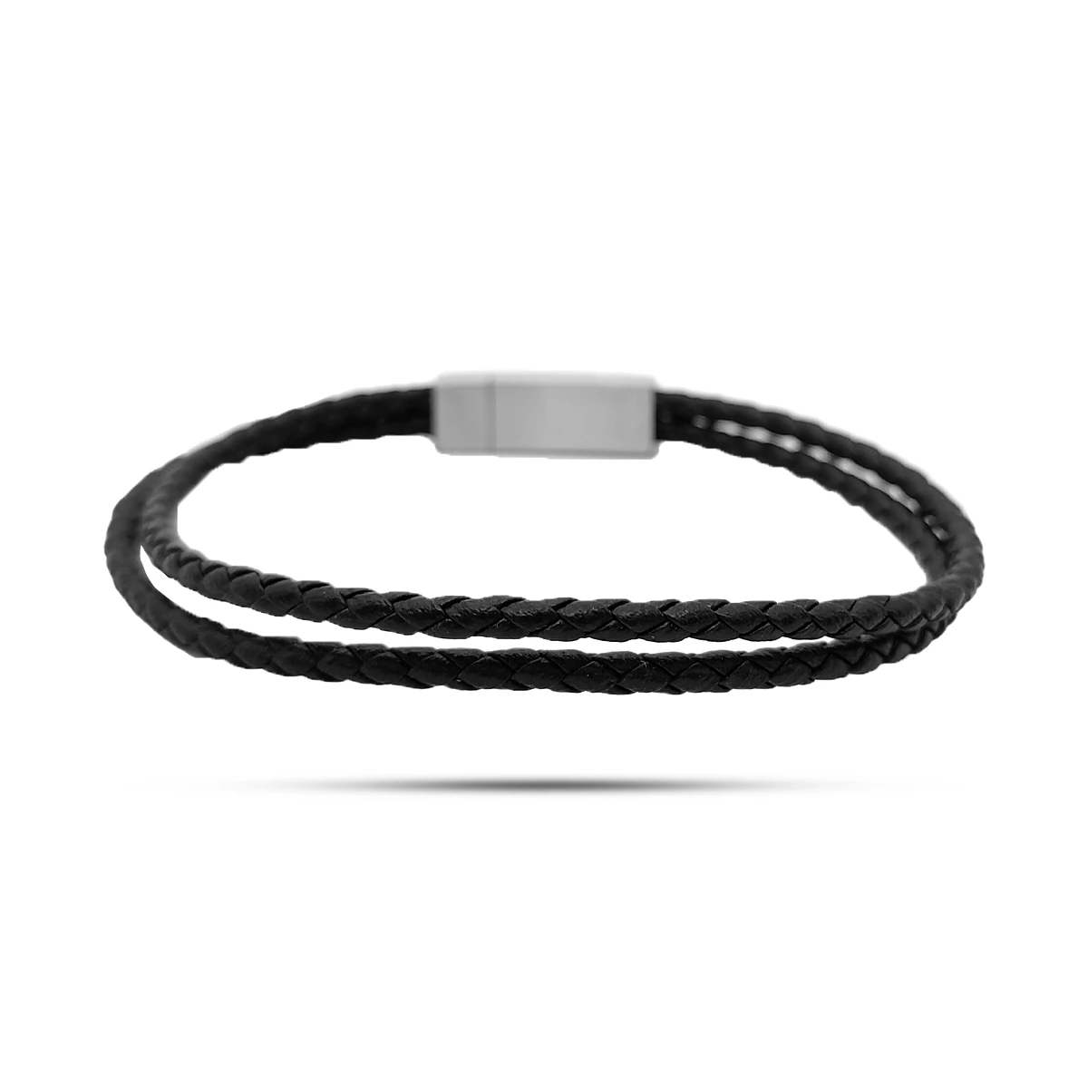 Pulsera Acero Plateado Piel Dos Tiras Trenzadas