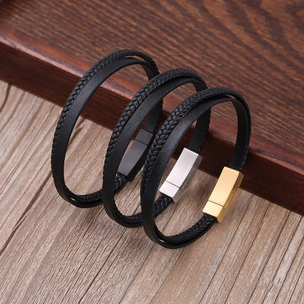 Pulsera Acero Inox Piel Negra Dos Tiras Trenzada y Lisa