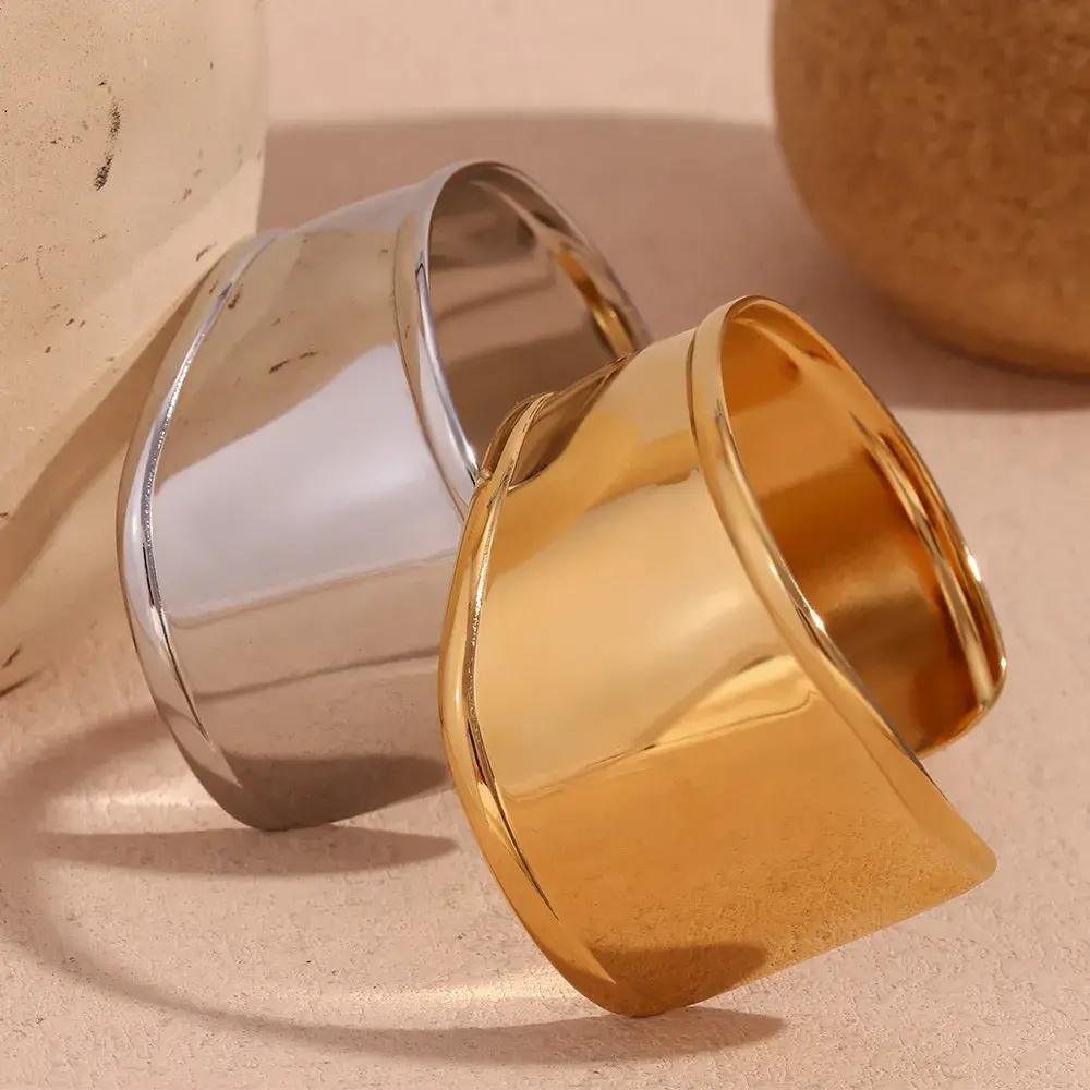 Pulsera Acero Brazalete Ancho Liso Ajustable Elegante