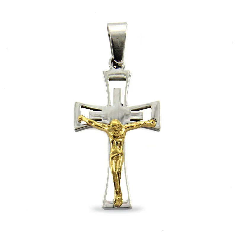 Dije Acero Plateado Cruz Latina Cristo Crucificado Dorado