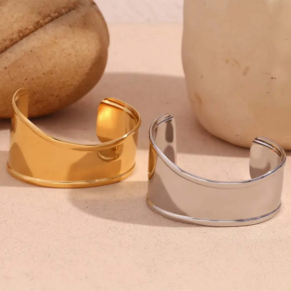 Pulsera Acero Brazalete Ancho Liso Ajustable Elegante
