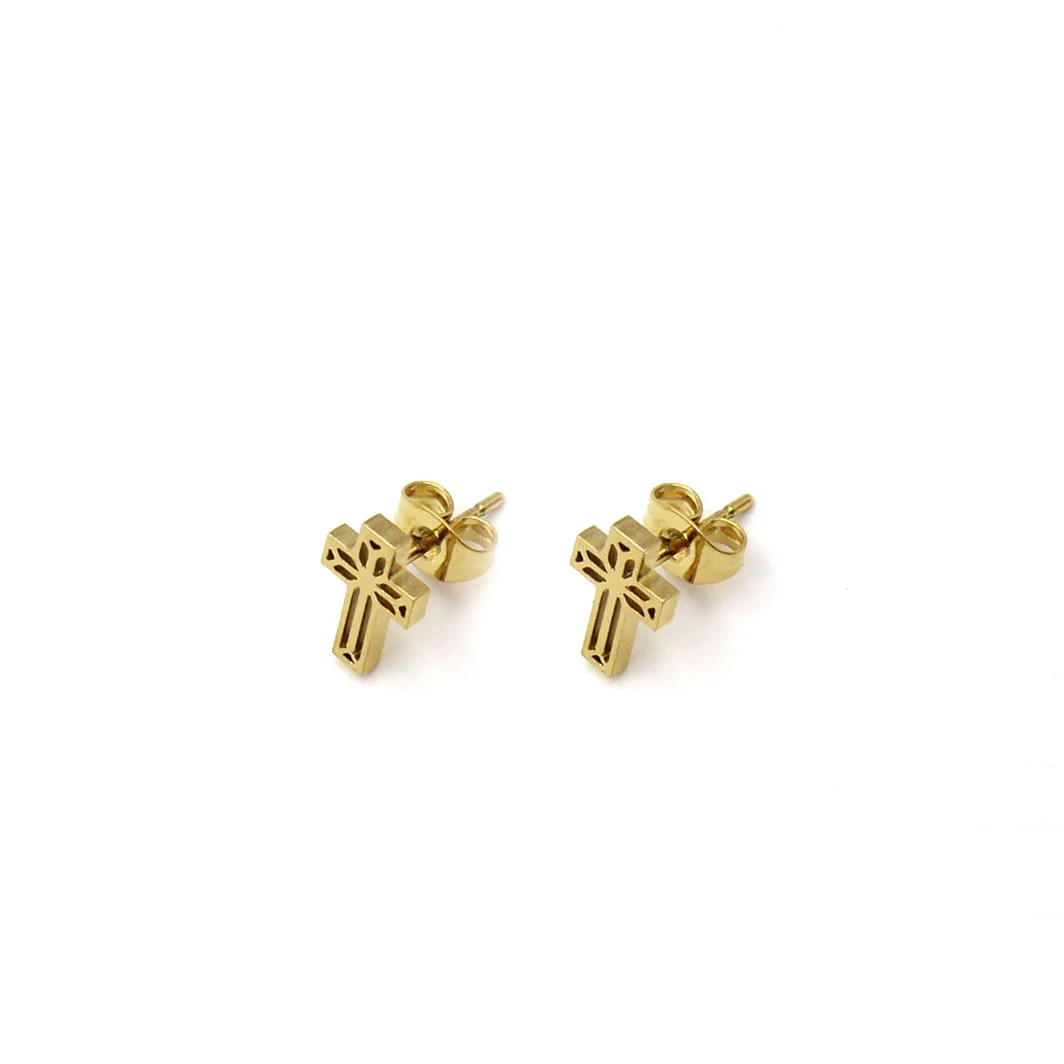 Set Joyeria Acero Dorado Cruz Religiosa Silueta Moderna