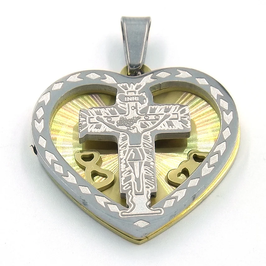 Dije de Acero Bicolor Corazón de Cristo Crucifijo