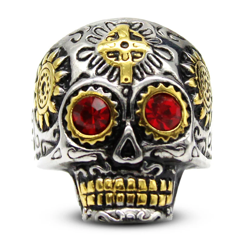 Anillo Acero Inox Calavera Plata Dorada Cruz Ojos Rojos