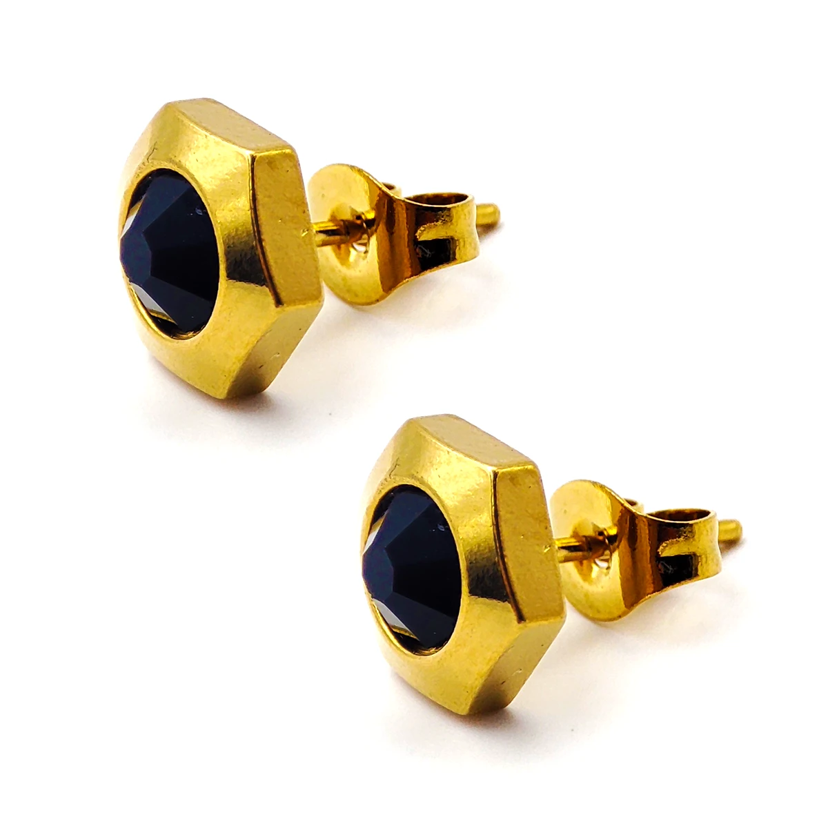 Aretes Acero Dorado Broquel Hexagonal Cristal Negro