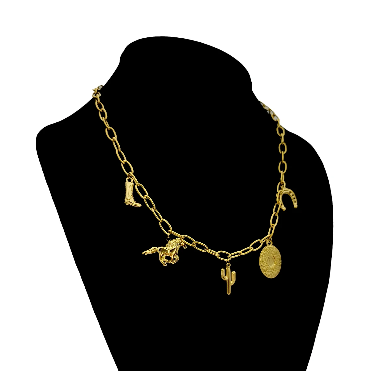 Collar Acero Dorado Colgantes Vaqueros Caballo Herradura