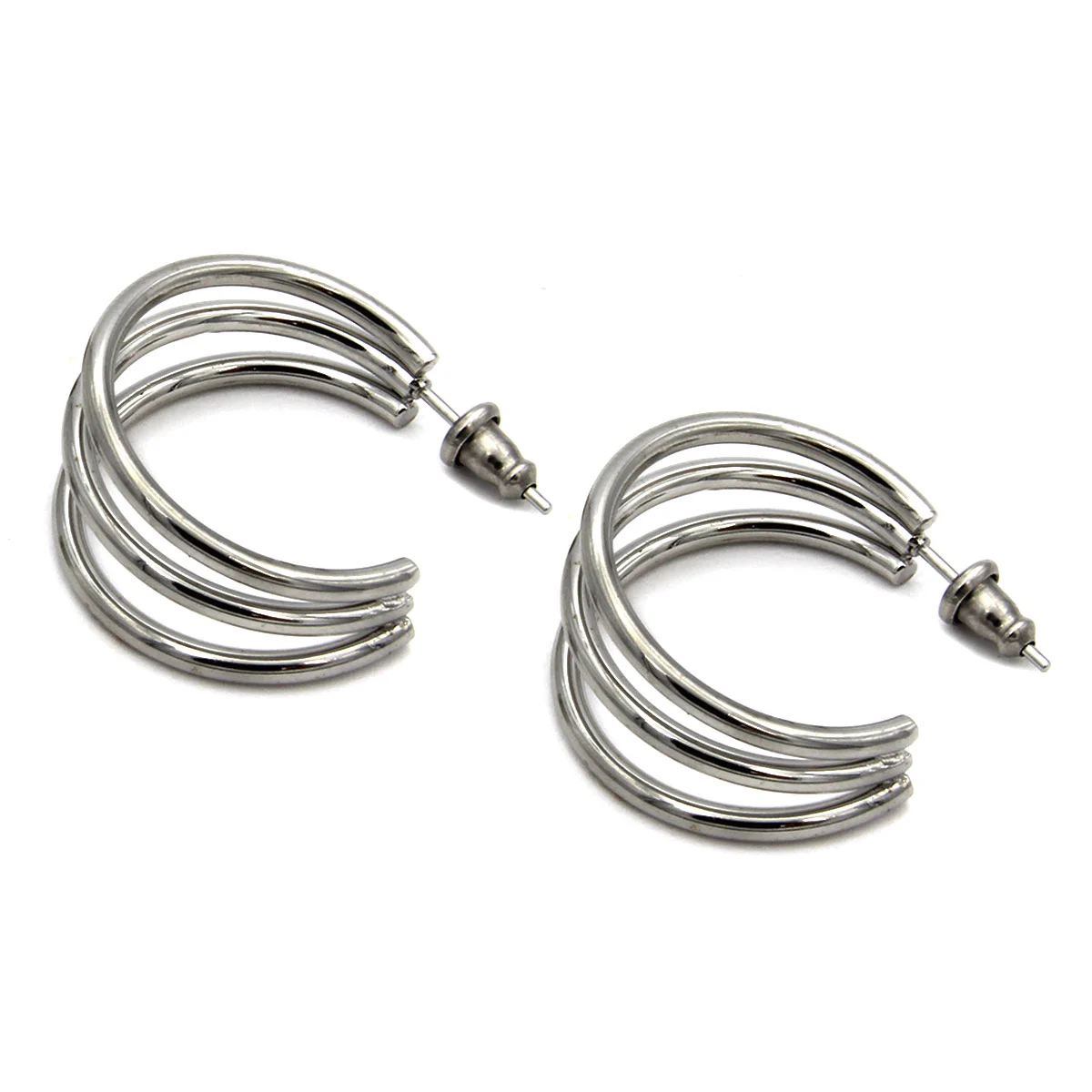 Aretes Acero Plateado Tipo Arracada 3 Linea Simple Grande