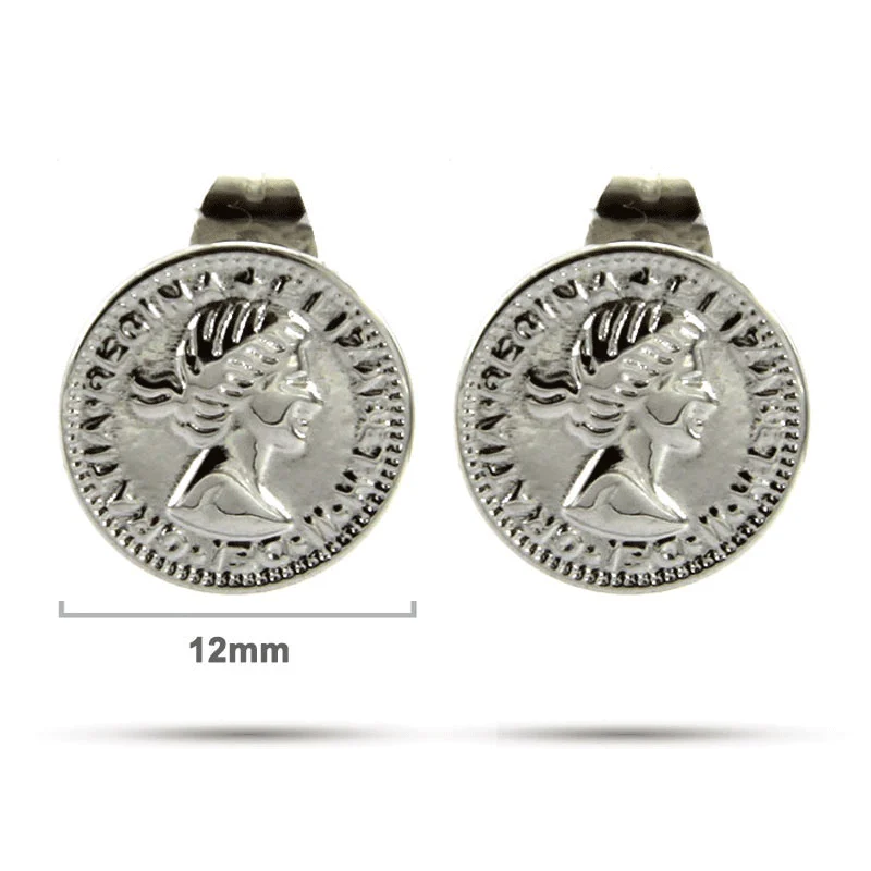 Aretes Acero Inox Plateado Moneda Elizabeth II 12x12mm
