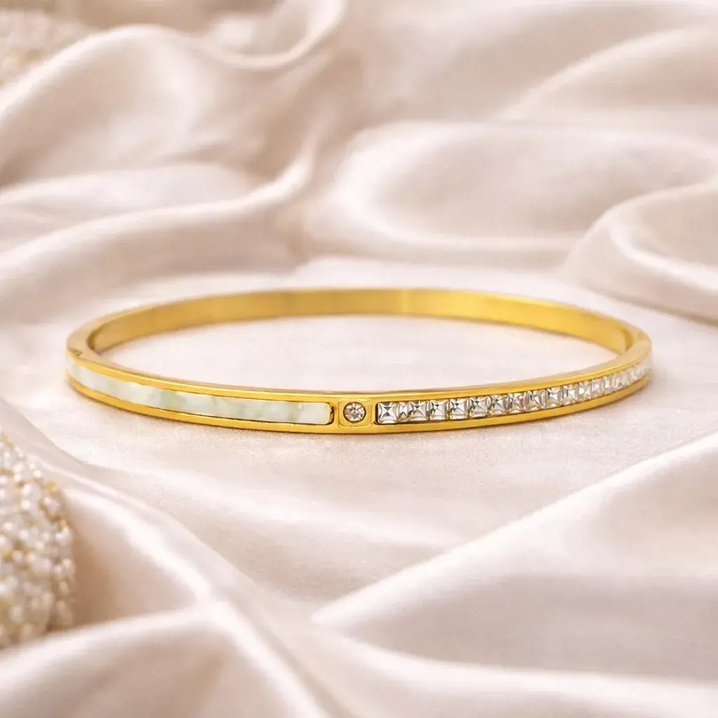 Pulsera Acero Brazalete Dividido Madre Perla y Cristales