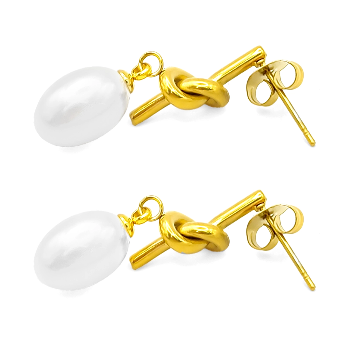 Aretes Acero Dorado Nudo con Perla Ovalada Colgante