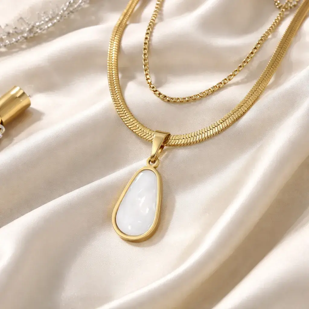Collar Acero Dorado Doble Cadena Dije Gota Madre Perla