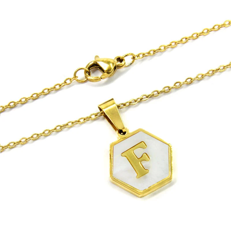 Collar Acero Inox Dorado Hexagonal Letra F Madre Perla