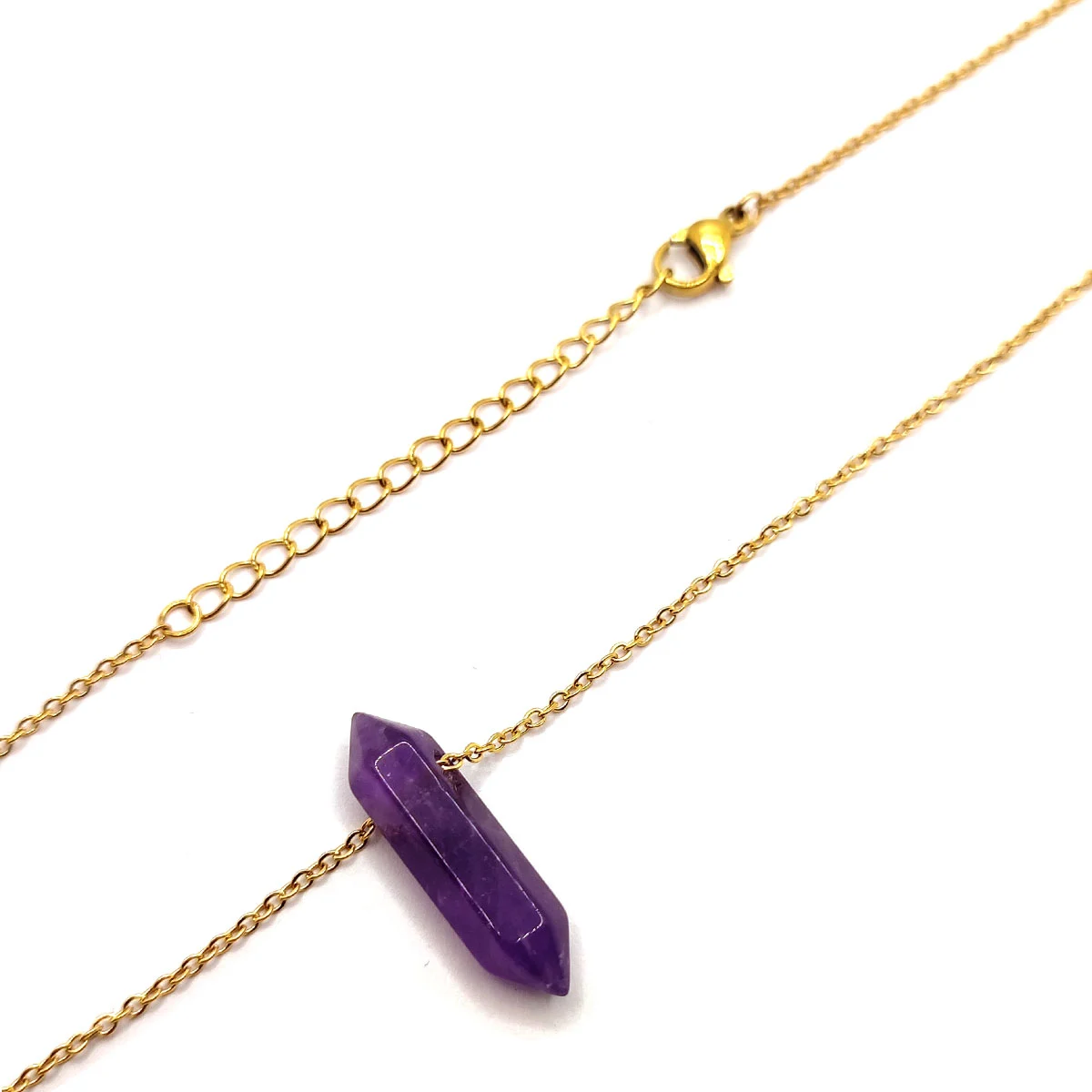 Collar Acero Dorado Péndulo Doble Punta Energía Amatista
