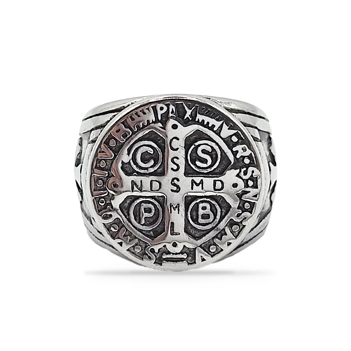 Anillo Acero Plateado Hombre Cruz San Benito Proteccion