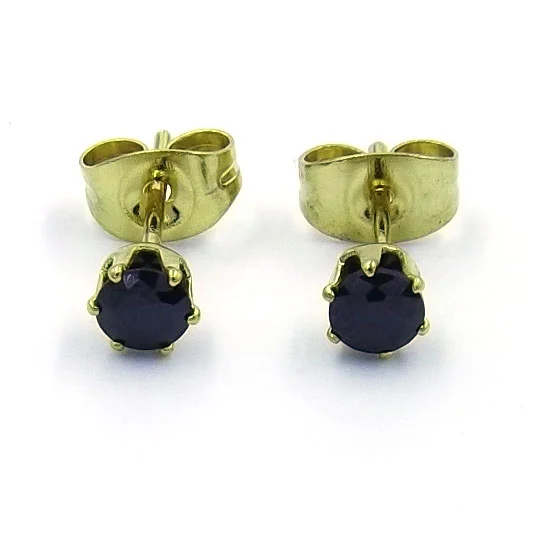 Broqueles Dorados Con Zirconia Negra De 4mm Diamante