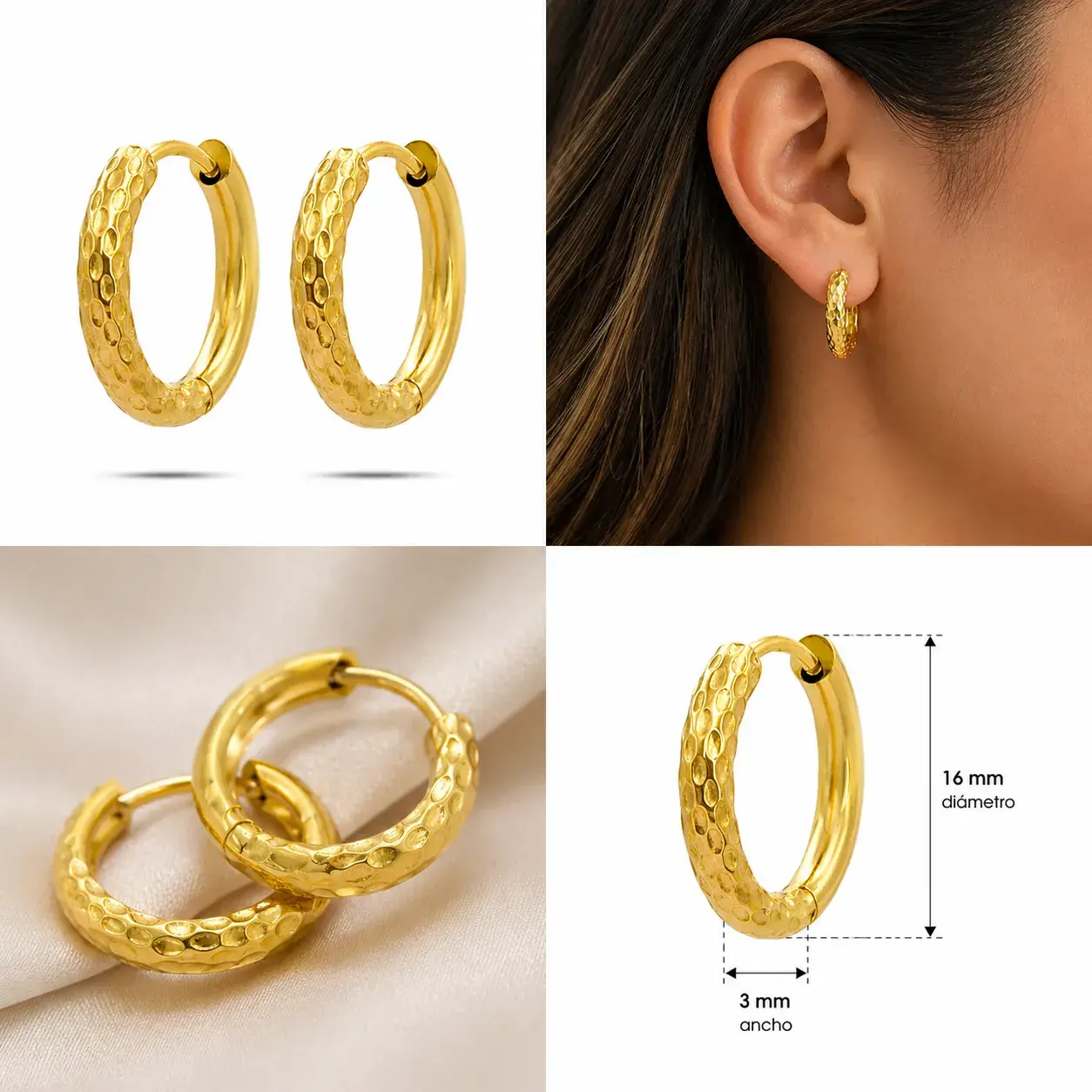 Aretes Acero Dorado Arracadas Huggies Mitad Martillada