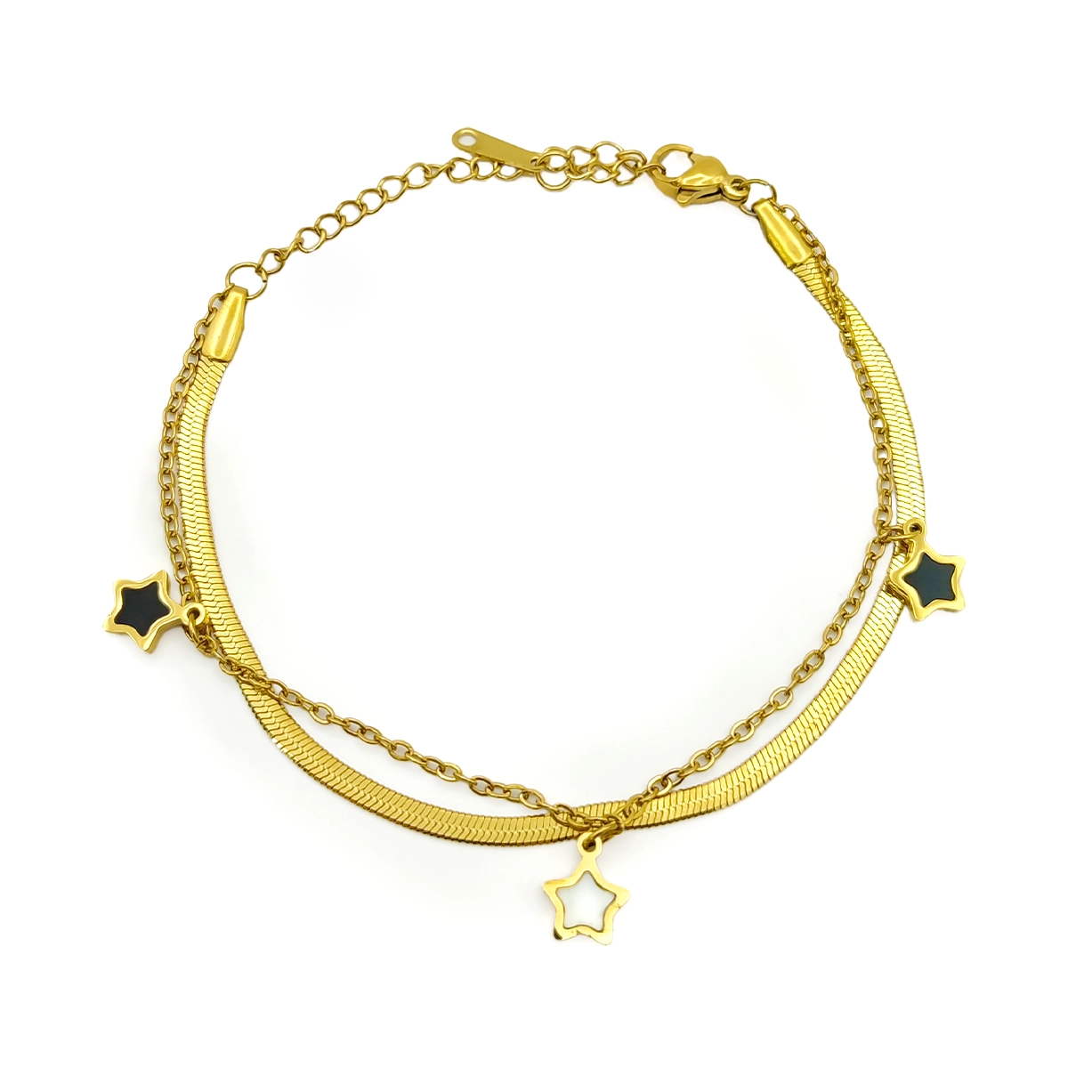 Pulsera Acero Dorado Doble Planchada Estrellas Colgantes