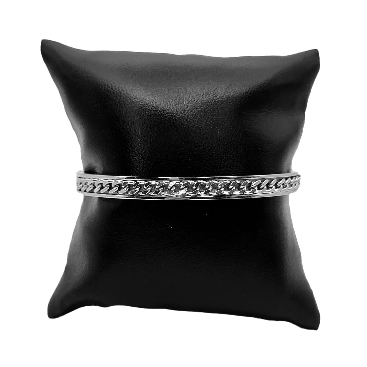 Pulsera Acero Inox Plateado Brazalete con Cadena Barbada