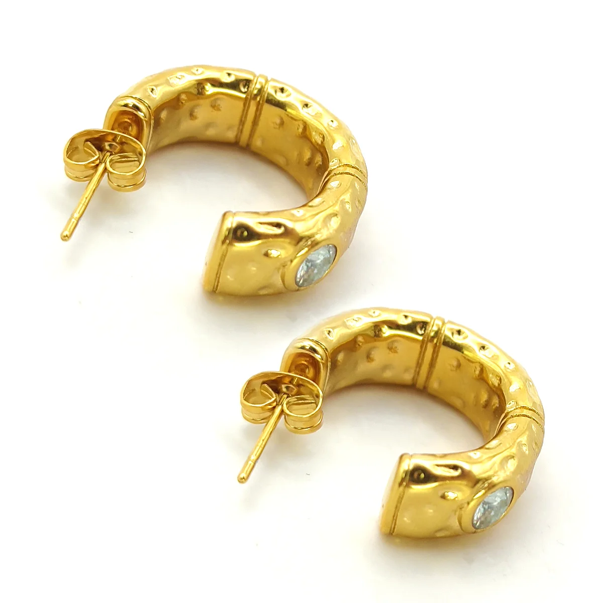 Aretes Acero Dorado Arracadas Bambú Martillado Cristales