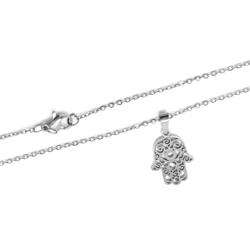 Set de Joyeria Acero Plateado Mano de Fátima Ojo Turco