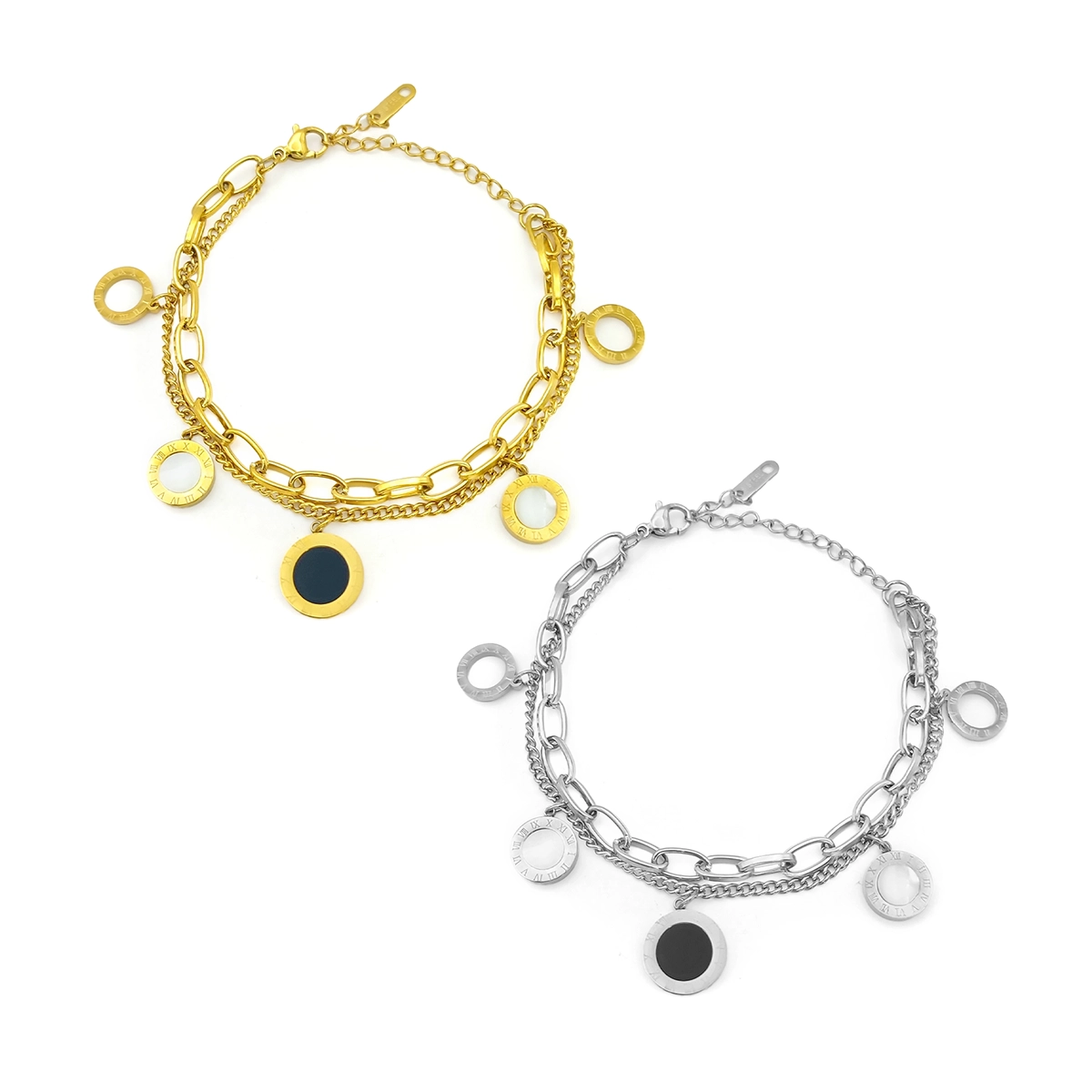 Pulsera Acero Doble Oval Cubana Círculos Madre Perla