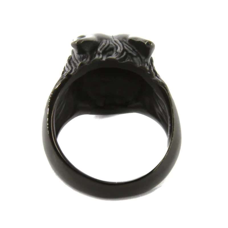 Anillo Acero Inox Negro Hombre Cabeza Lobo Nocturno