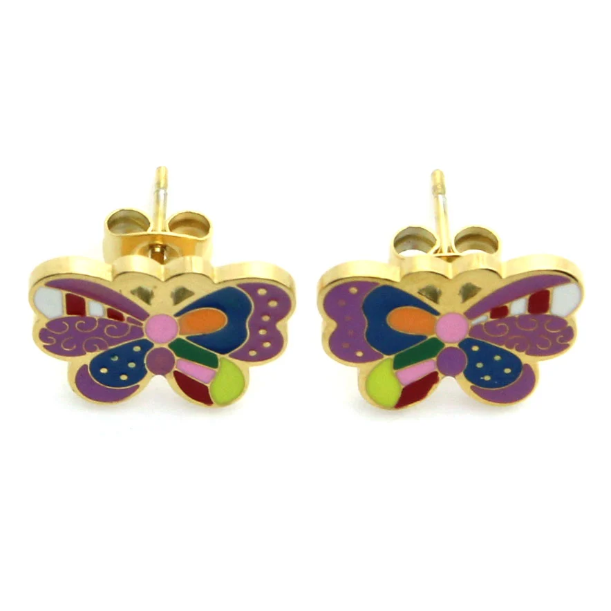 Aretes Acero Dorado Mariposa Colorida Niña