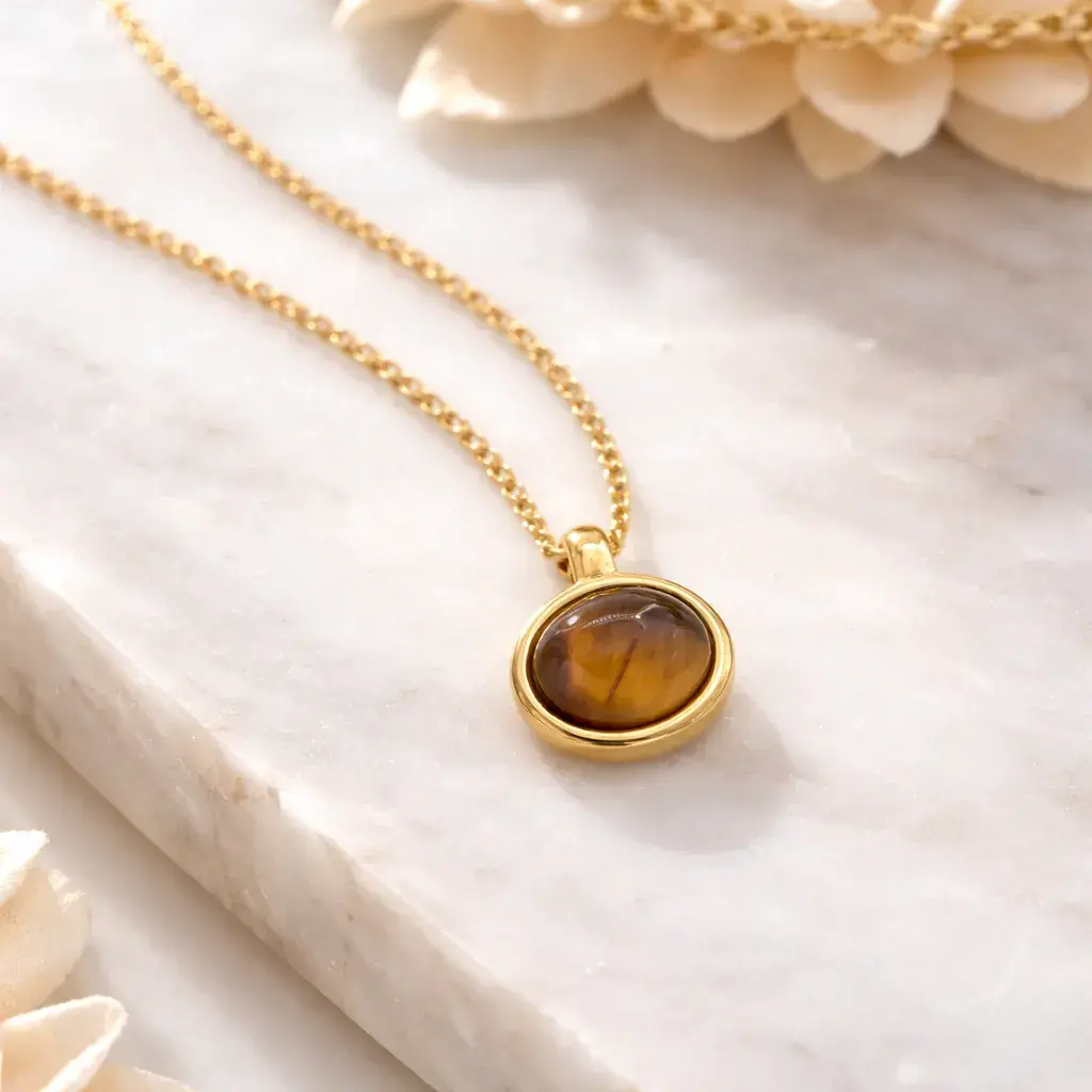Collar Acero Dorado Ojo de Tigre Natural Piedra Oval