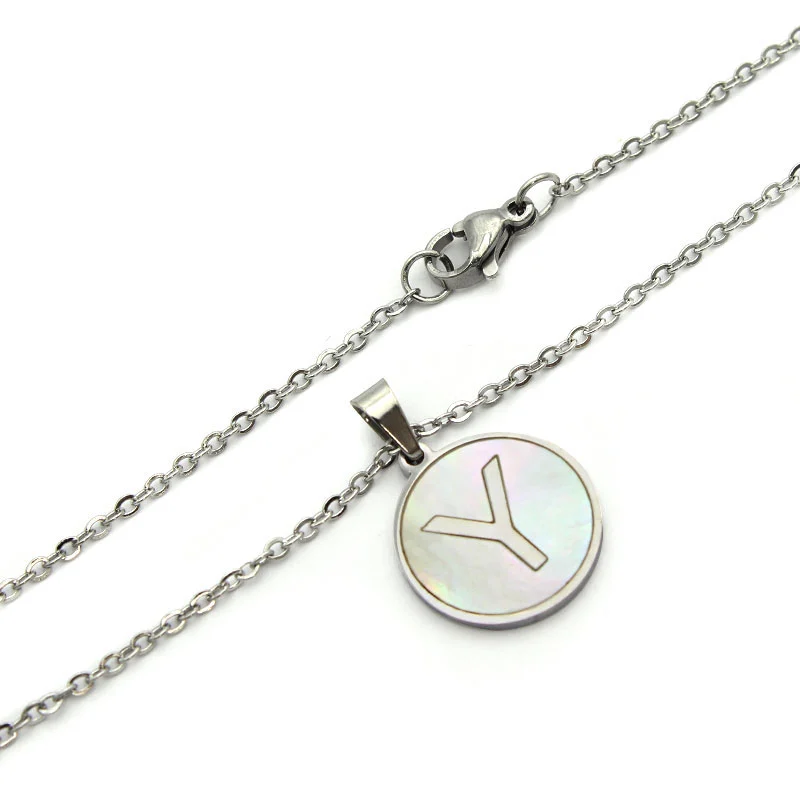 Collar Acero Plateado Circular Letra Y Madre Perla