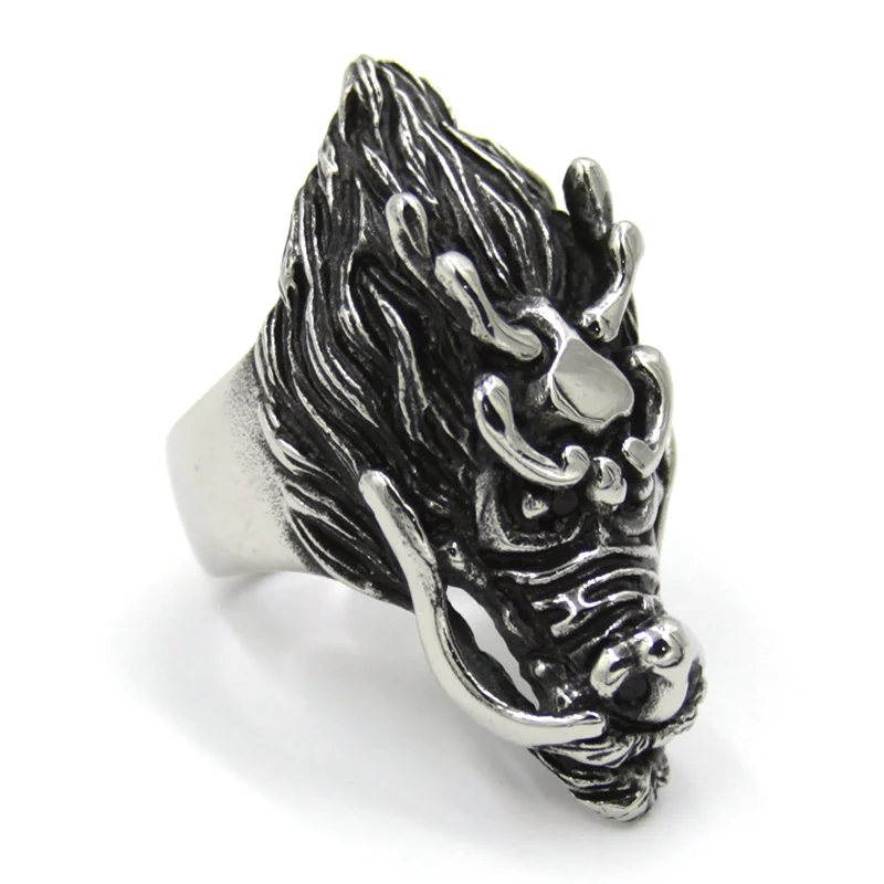 Anillo Acero Plateado Dragón Oriental Legendario