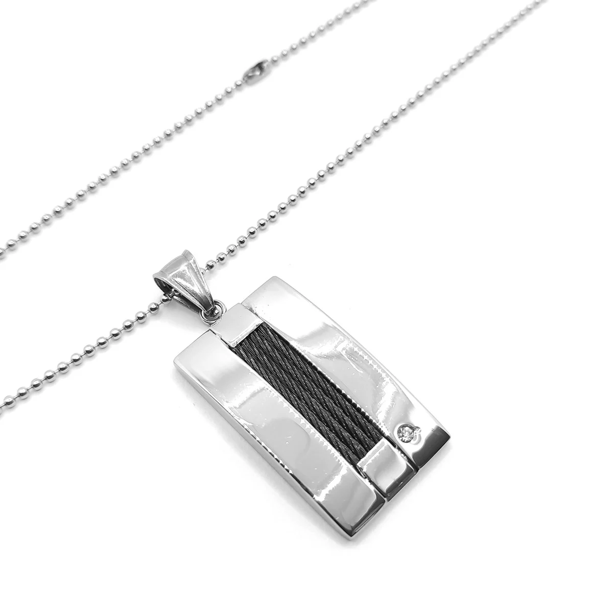 Collar Acero Plateado Placa Lineas Negras Zirconia Formal
