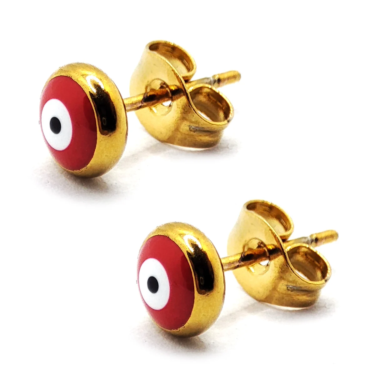 Aretes Acero Dorado Broquel Ojo Turco Rojo Protección