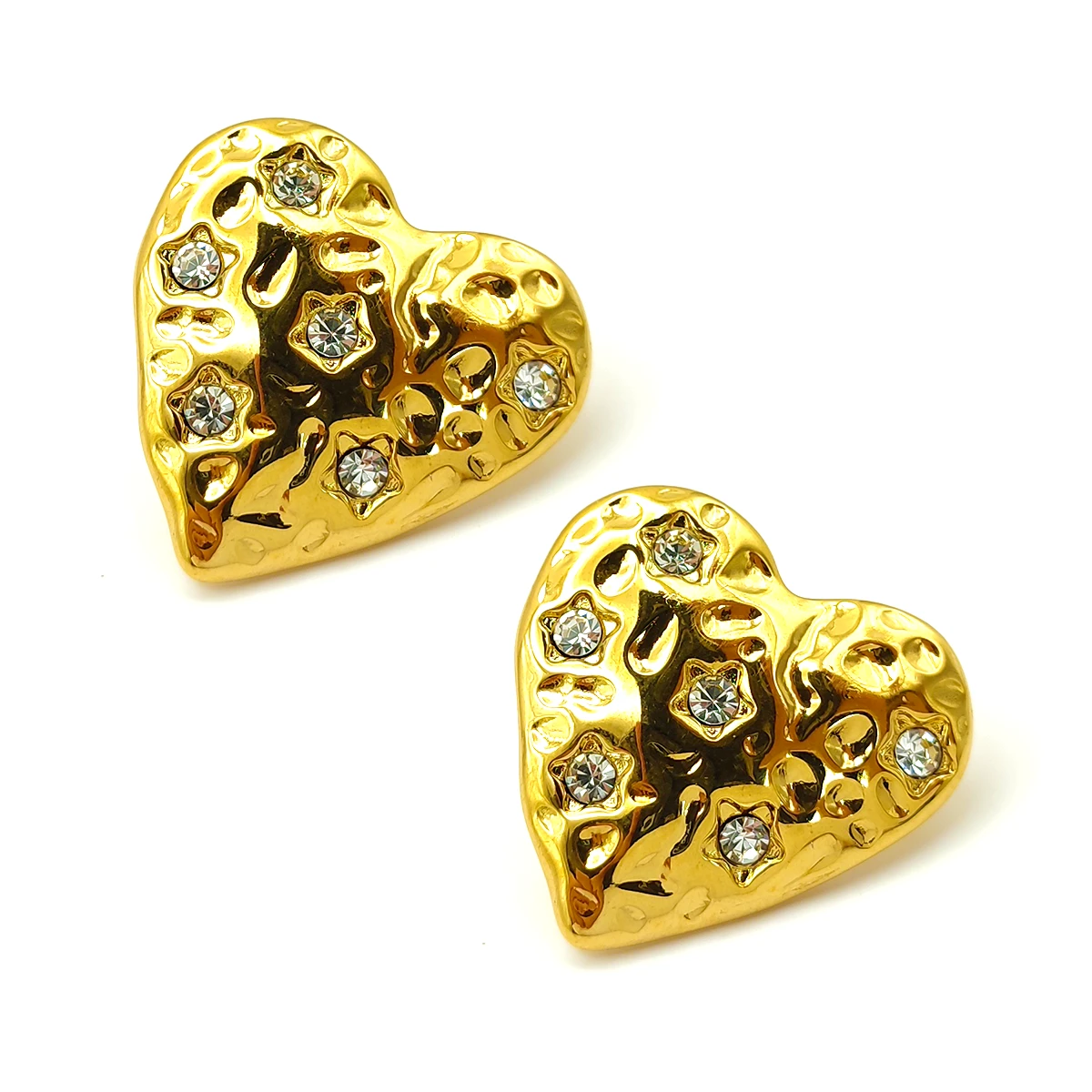 Aretes Acero Inox Dorado Corazón Martillado Cristales