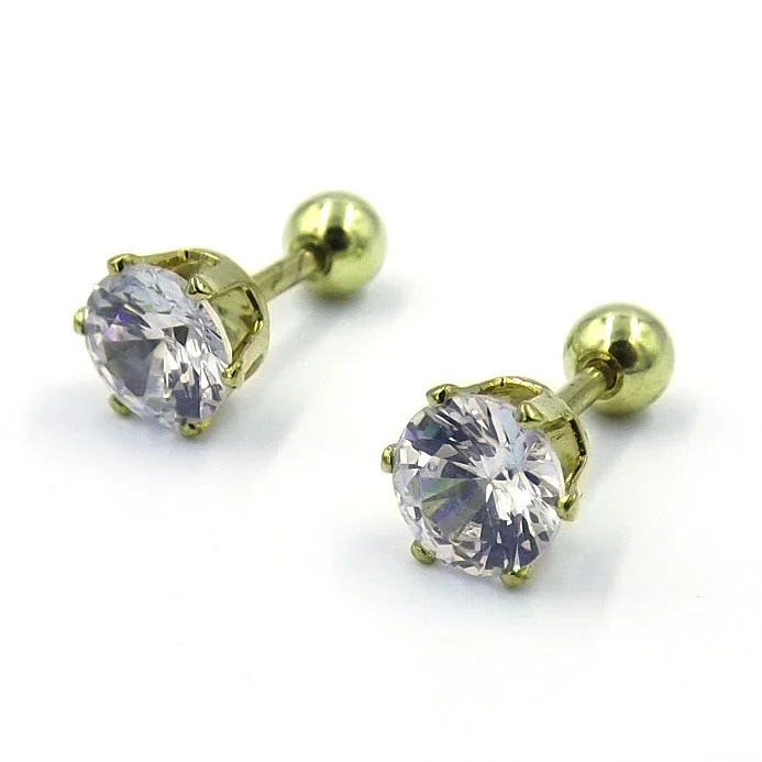 Aretes Acero Dorado Broquel Dormilón Zirconia 6mm