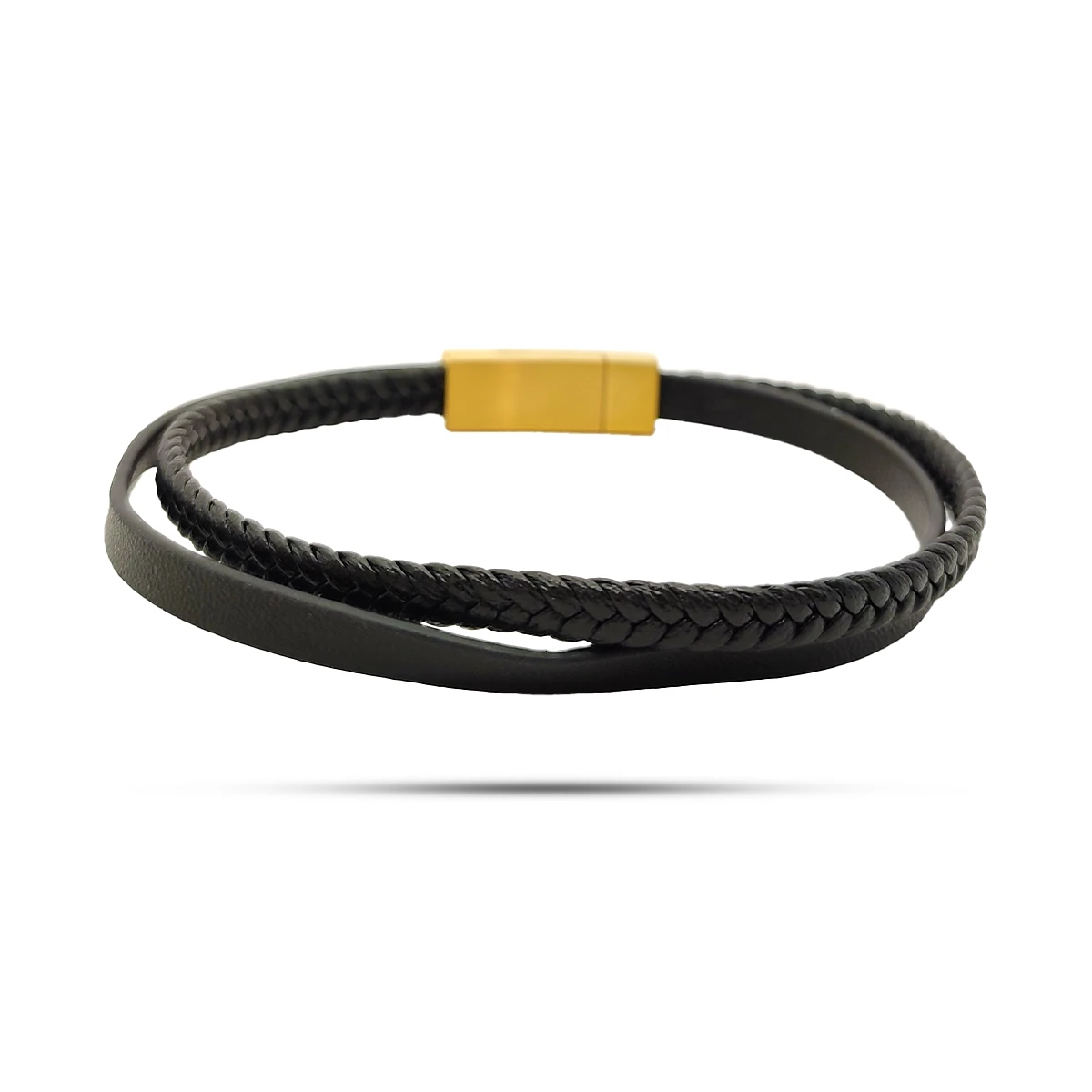 Pulsera Acero Inox Piel Negra Dos Tiras Trenzada y Lisa