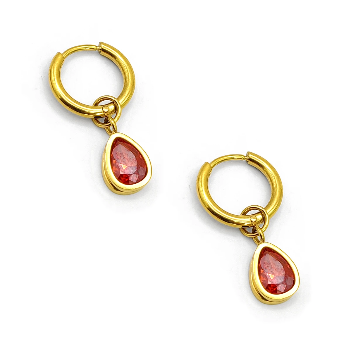 Aretes Acero Dorado Arracadas Huggies Colgante Gota Roja
