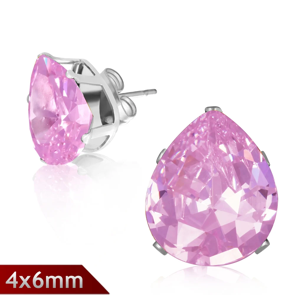 Broqueles de Acero Lágrima de Zirconia Rosa