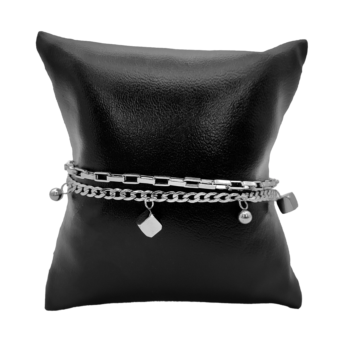 Pulsera Acero Plateado Doble Cadena Cubos Colgantes