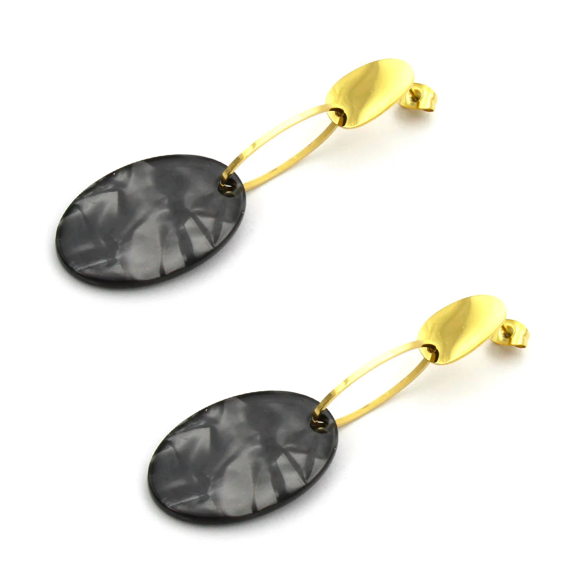 Aretes Acero Dorado Ovalado Colgante Marmoleado Negro
