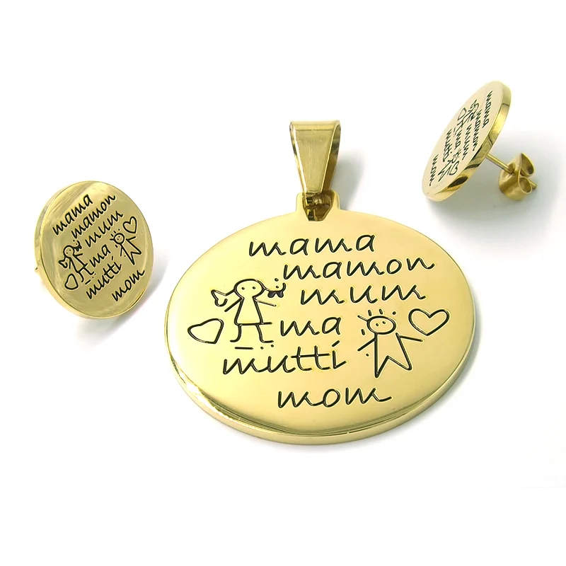 Set Joyería Acero Dorado Dije Aretes Día Madres Idiomas