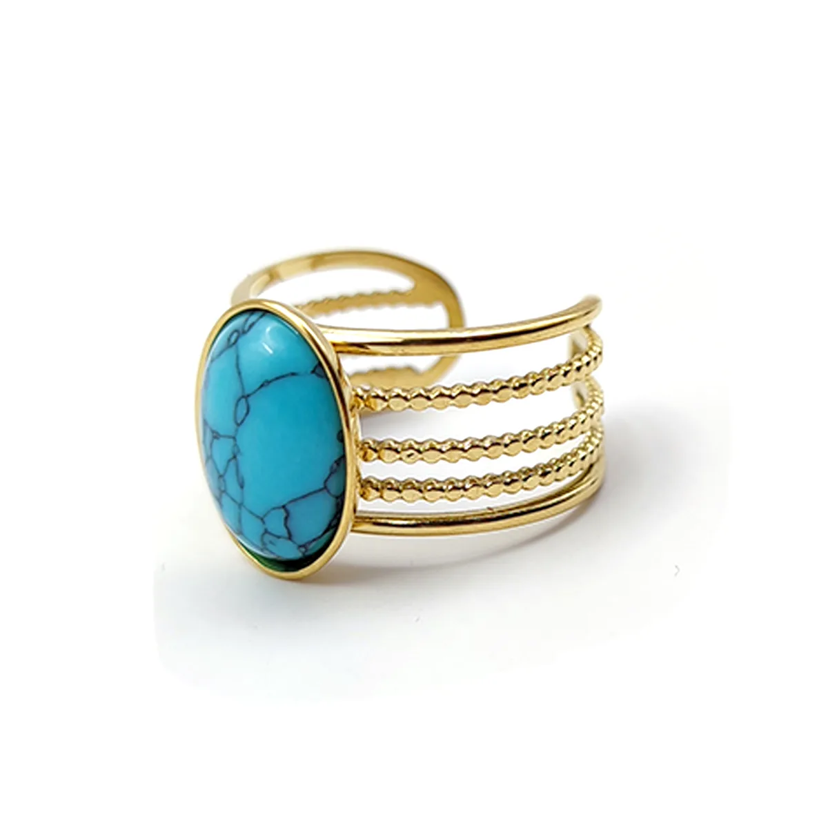 Anillo Acero Dorado Ajustable Lineas Ancho Turquesa Oval