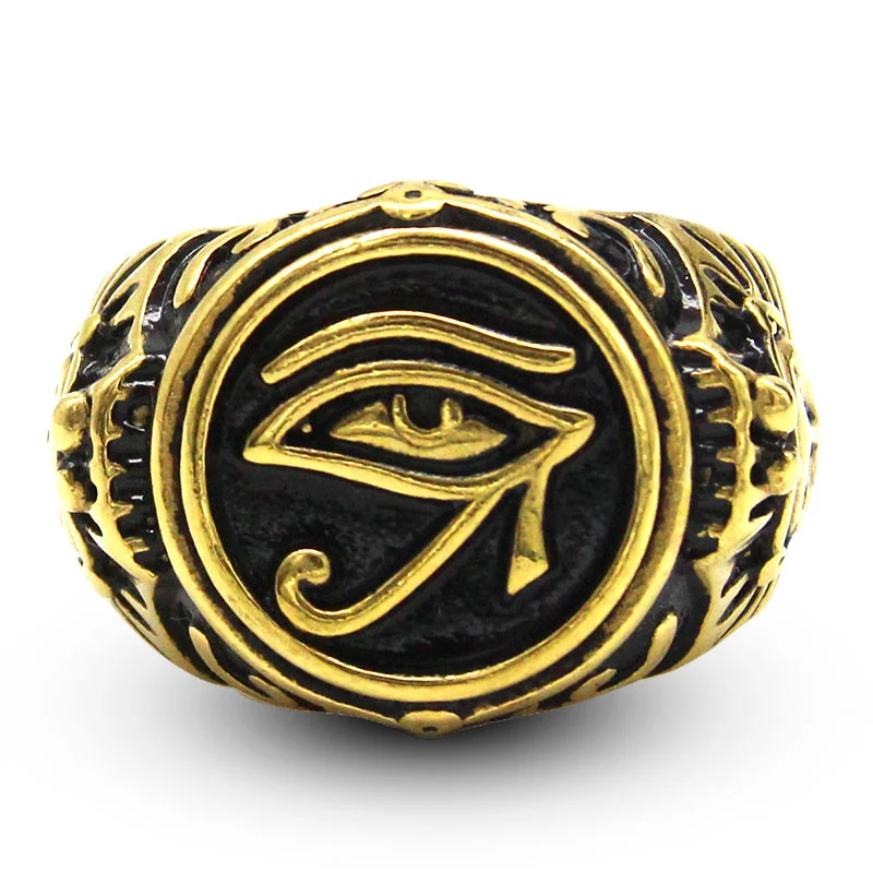Anillo Hombre Acero Inoxidable Dorado Negro Ojo de Horus