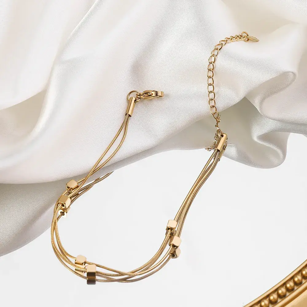 Pulsera Acero Dorado Doble Cola de Rata Delgada Cubos