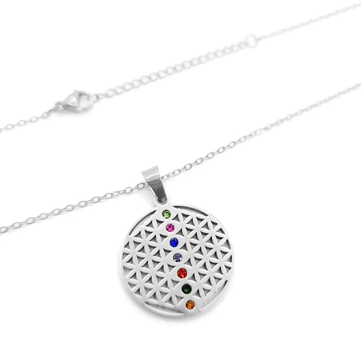 Collar Acero Plateado Flor de la Vida Cristales 7 Chakras