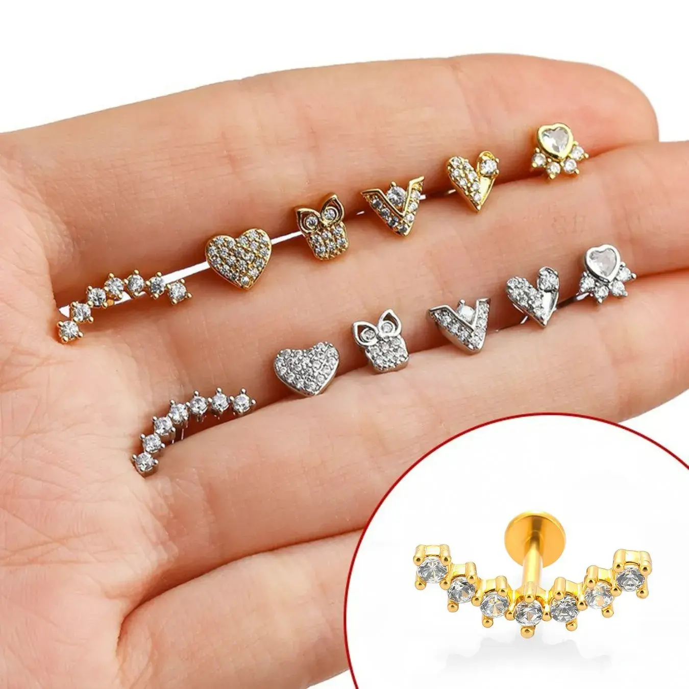 Piercing de Oreja Acero Forma C Curvo Trepador Zirconia