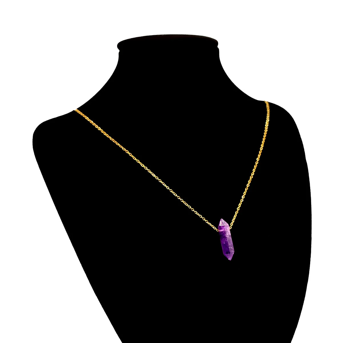 Collar Acero Dorado Péndulo Doble Punta Energía Amatista